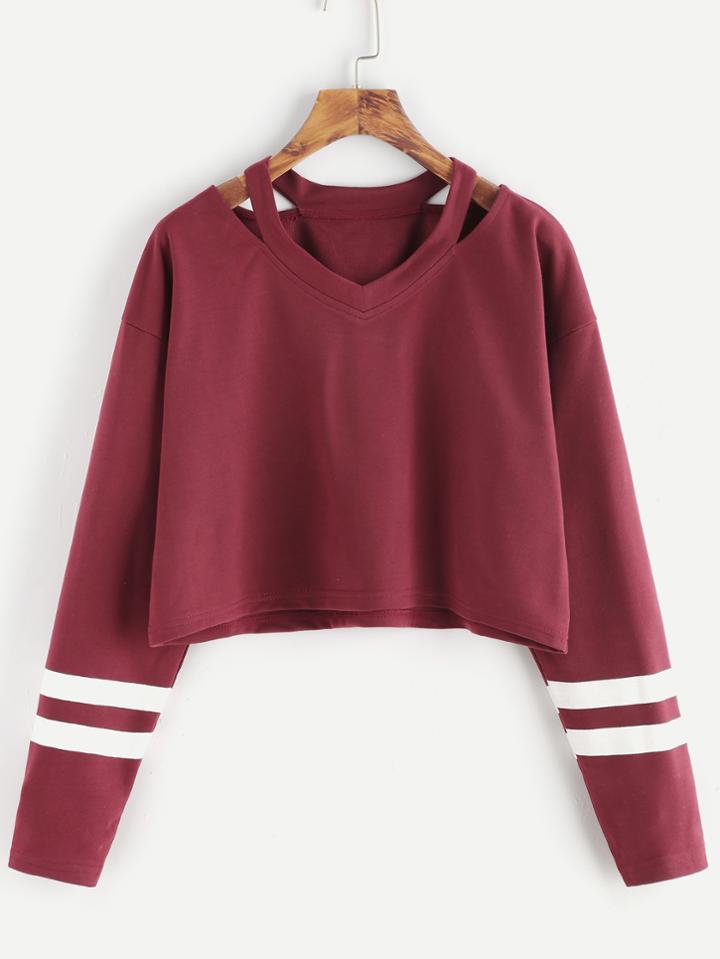 Shein Burgundy Cut Out Neck Varsity Striped Crop T-shirt