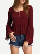 Shein Lace Trimmed Bell Sleeve Peplum Blouse