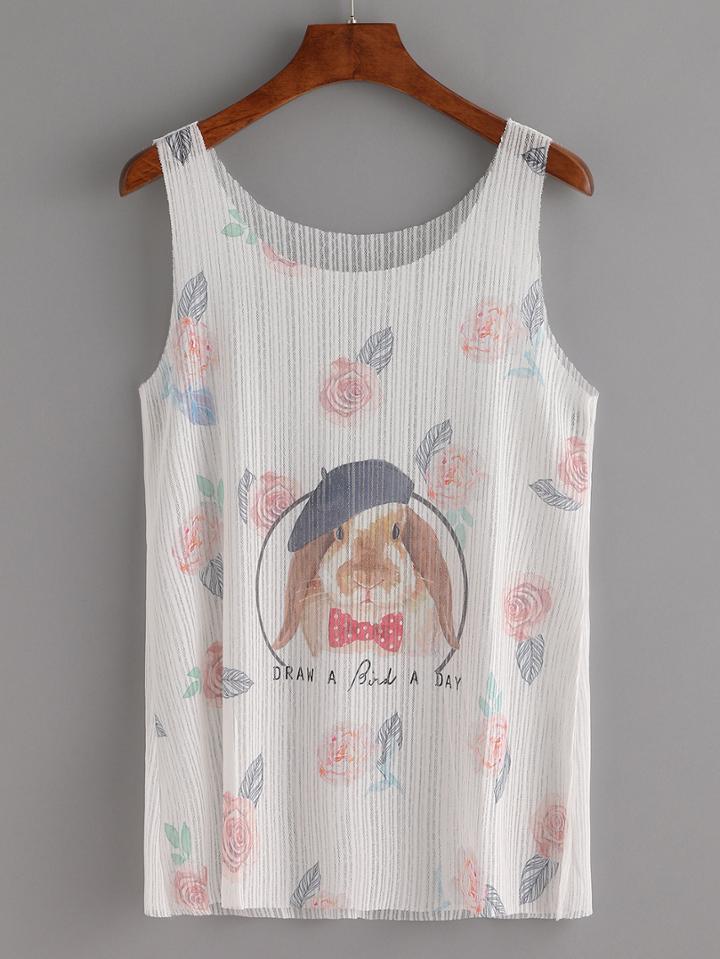 Shein Bunny & Rose Print Mesh Tank Top - White