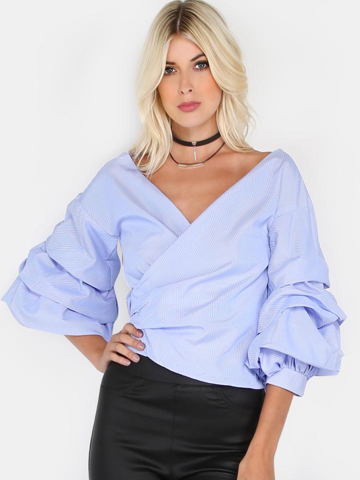 Shein Puffy Sleeve Checkered Crop Top Baby Blue