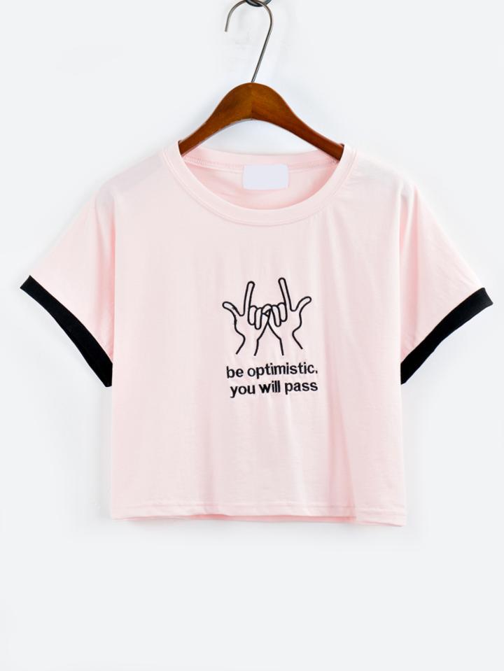 Shein Contrast Trim Embroidered Crop T-shirt - Pink