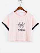 Shein Contrast Trim Embroidered Crop T-shirt - Pink