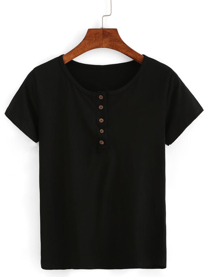 Shein Buttoned Front Black T-shirt