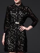 Shein Black Lapel Sheer Belted Lace Dress