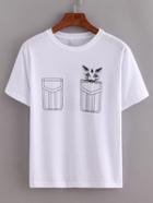 Shein White Cat Print False Pocket T-shirt