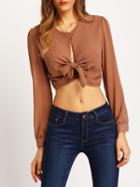Shein Apricot Long Sleeve Crop Knotted Chiffon Blouse