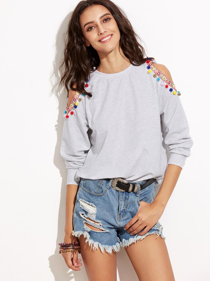 Shein Grey Open Shoulder Pom Pom Sweatshirt