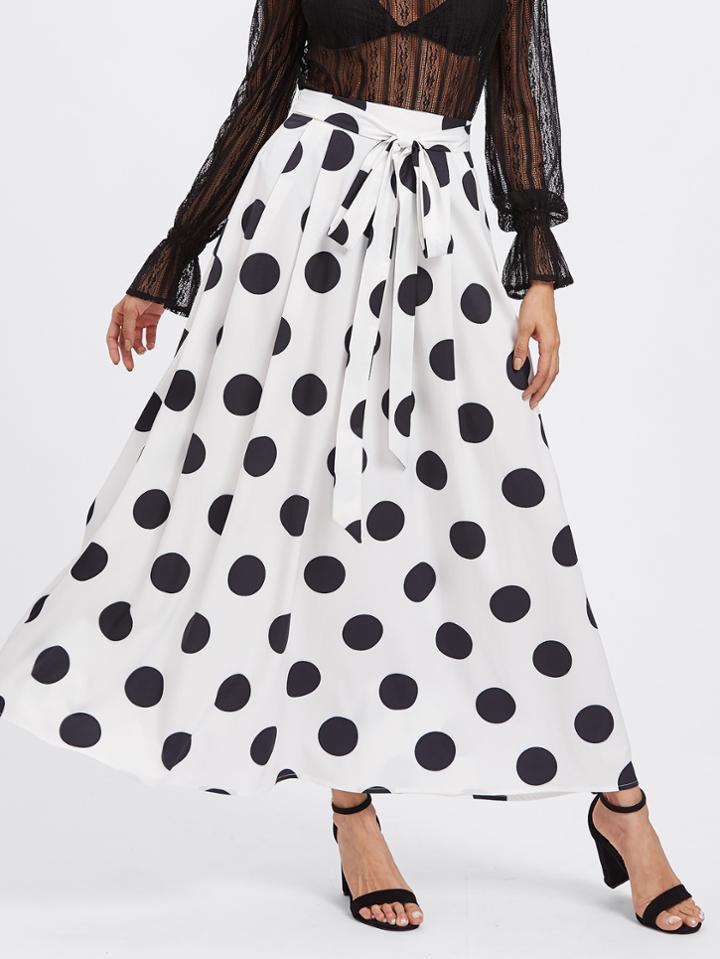 Shein Self Tie Pleated Polka Dot Skirt