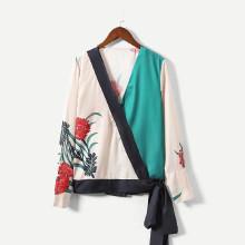 Shein Satin Contrast Trim Wrap Blouse