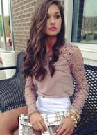 Shein Coffee Long Sleeve Hollow Lace Chiffon Blouse