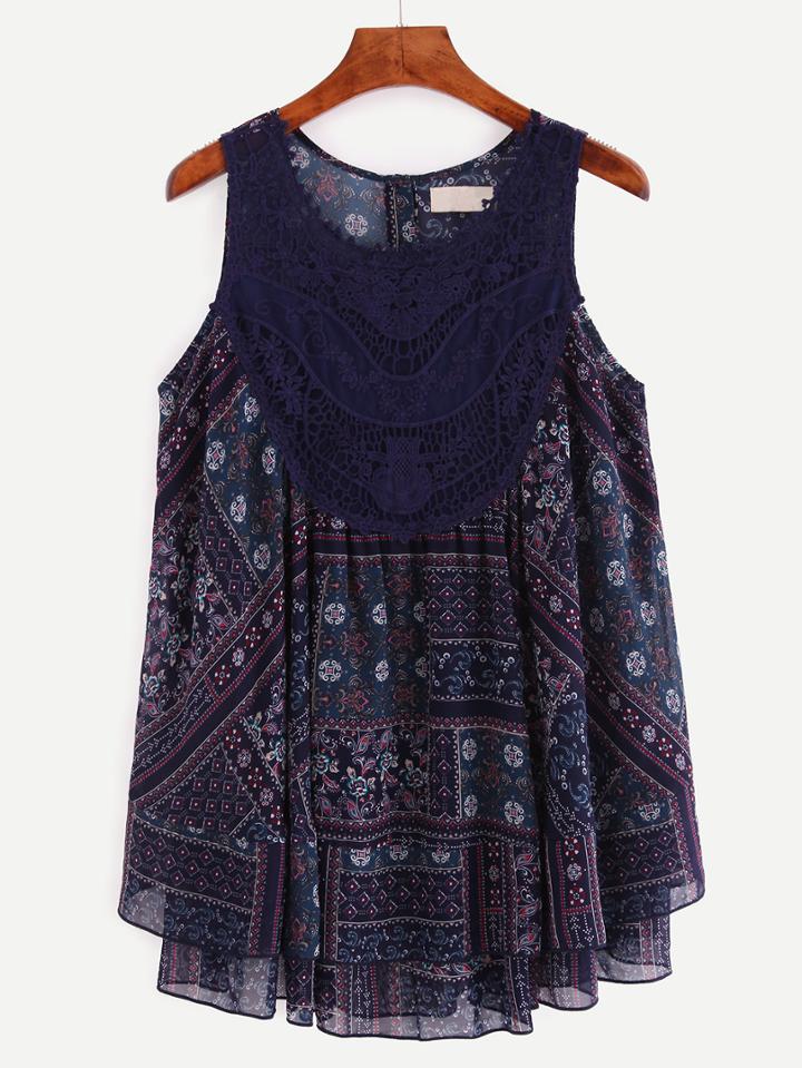 Shein Multicolor Print Sleeveless Lace Patchwork Blouse