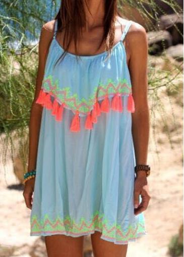 Rosewe Spaghetti Strap Fringe Decorated Light Blue Dress