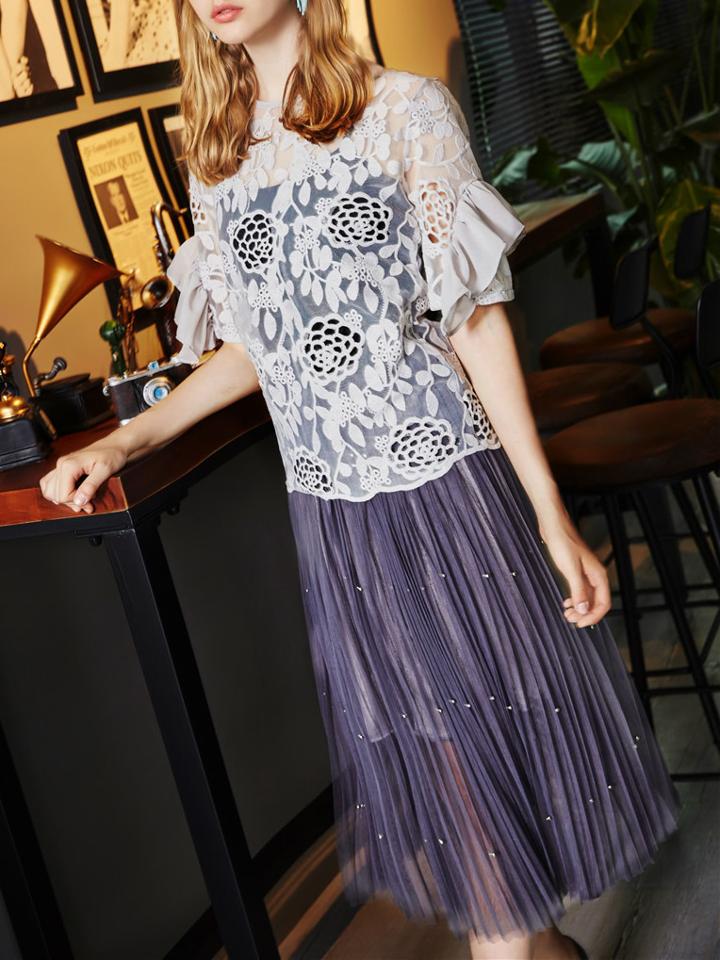 Shein Ruffle Sleeve Hollow Top With Beading Pleated Skirt