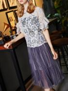 Shein Ruffle Sleeve Hollow Top With Beading Pleated Skirt