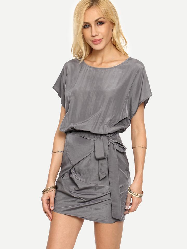 Shein Grey Pleated Tie Short Sleeve Dress