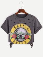 Shein Grey Pattern Print Cut Out Cuffed Crop T-shirt