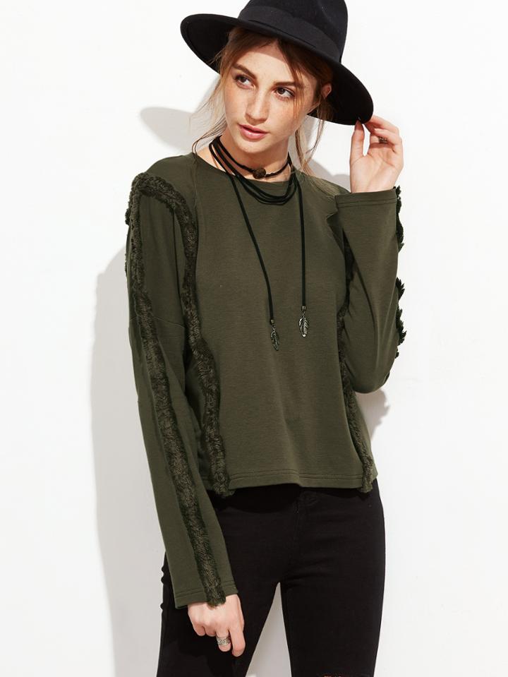 Shein Olive Green Frayed Trim Drop Shoulder T-shirt