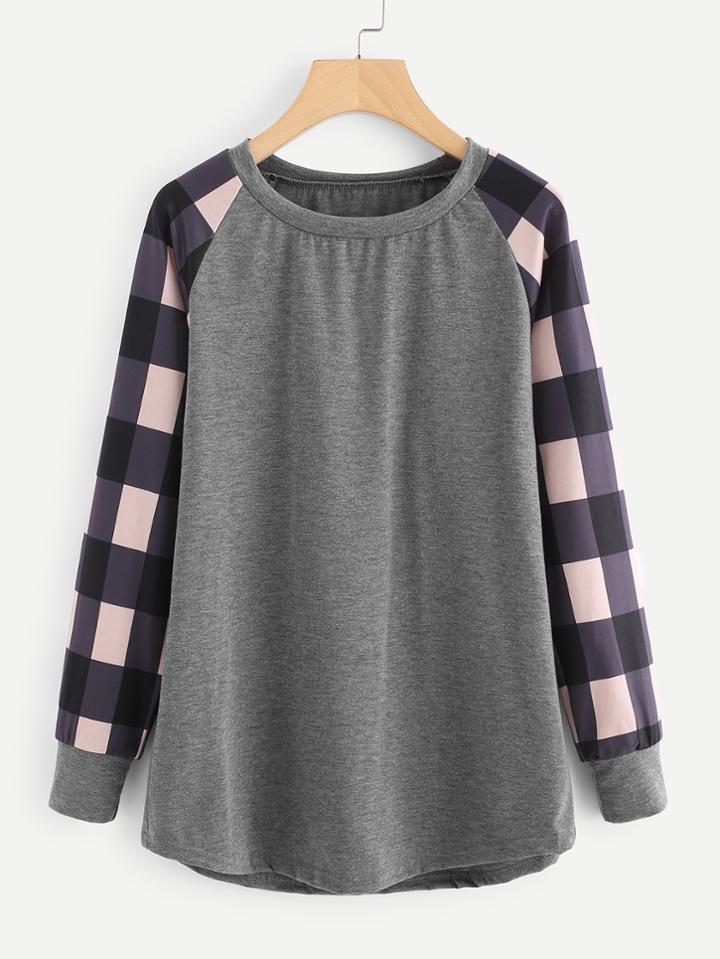 Shein Contrast Check Plaid Raglan Sleeve Marled Pullover