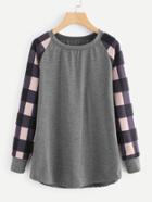 Shein Contrast Check Plaid Raglan Sleeve Marled Pullover