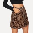Shein Leopard Print Raw Hem Denim Skirt