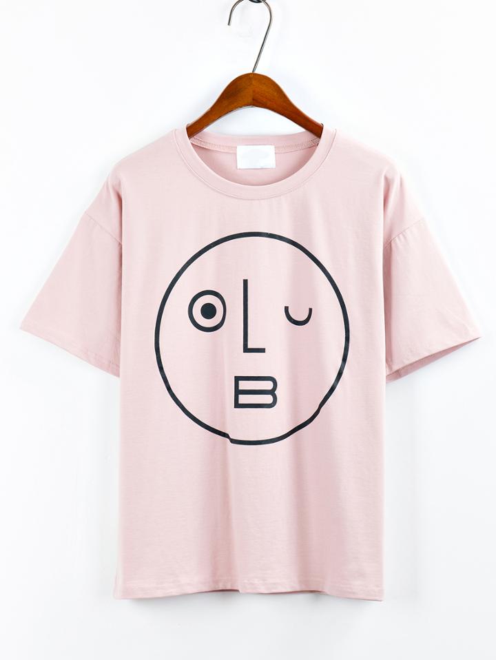 Shein Wink Emoticons Print Drop Sleeve T-shirt - Pink