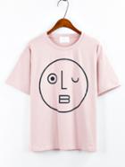 Shein Wink Emoticons Print Drop Sleeve T-shirt - Pink