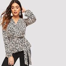 Shein Leopard Print Surplice Belted Wrap Shirt