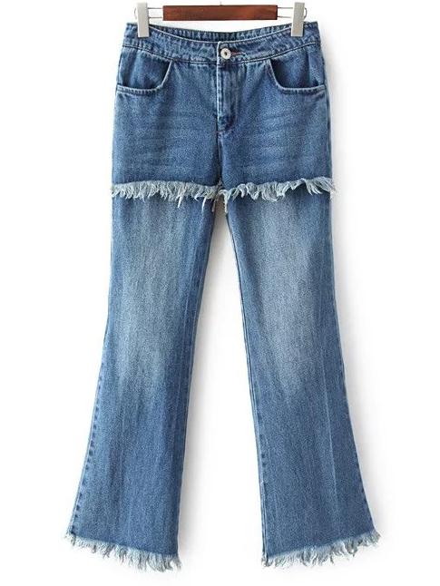 Shein Blue Bleached Pockets Tassel Denim Pant