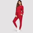 Shein Pocket Patched Solid Hoodie And Drawstring Waist Pants Set