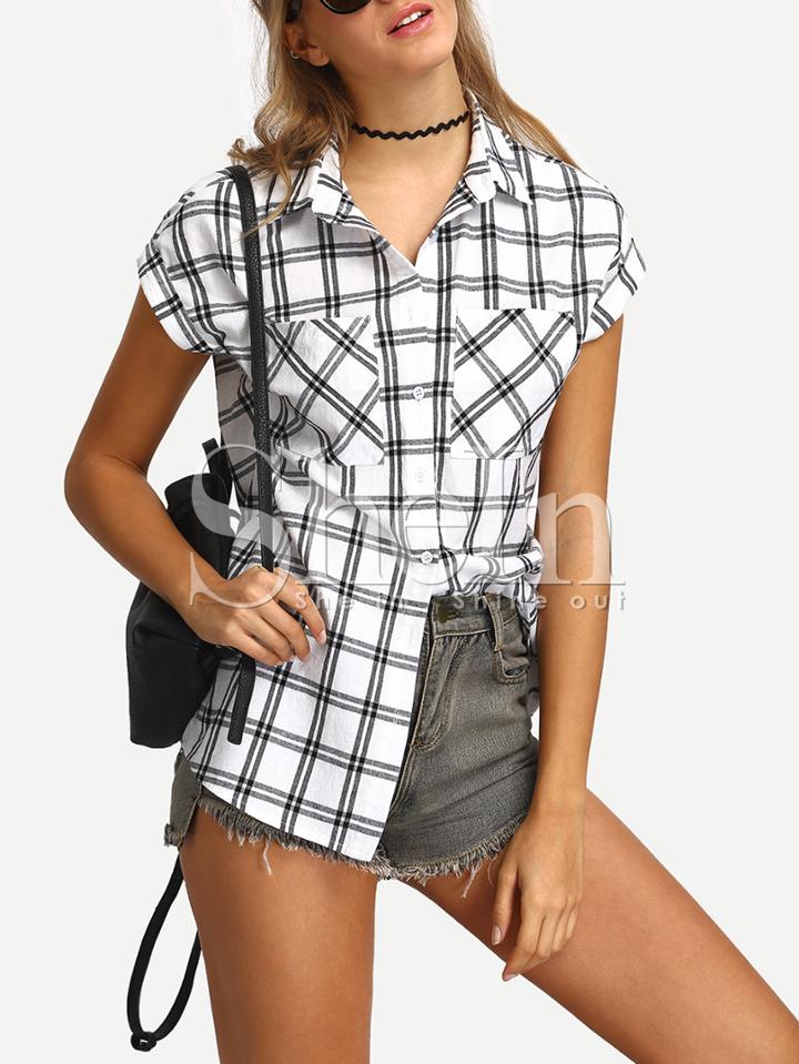 Shein White Black Button-down Checked Lapel Blouse