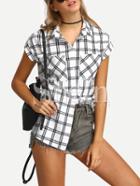 Shein White Black Button-down Checked Lapel Blouse