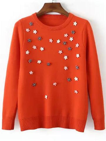 Shein Orange Crew Neck Bead Slim Sweater