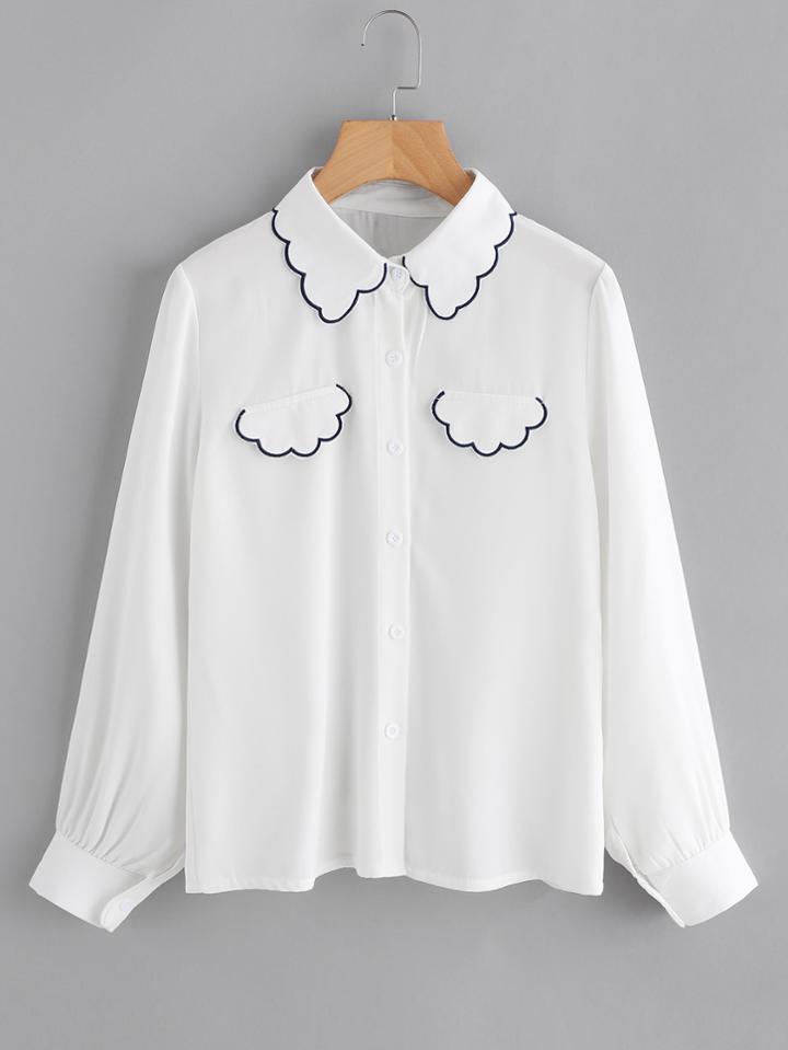 Shein Contrast Scallop Trim Balloon Sleeve Shirt