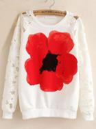 Shein White Round Neck Floral Hollow Lace Sweatshirt
