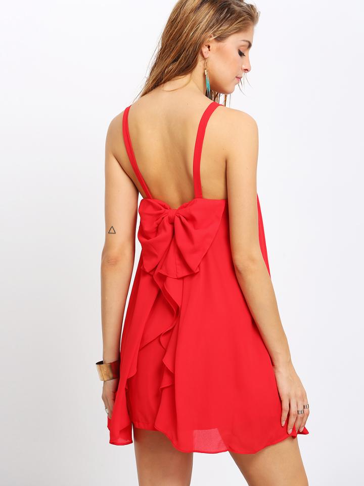 Shein Red Bow Back Dip Hem Strap Shift Dress
