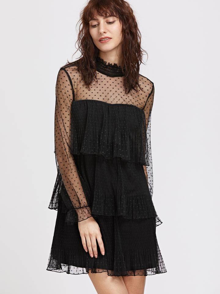 Shein Black Sheer Sleeve Polka Dot Tiered Ruffle Dress