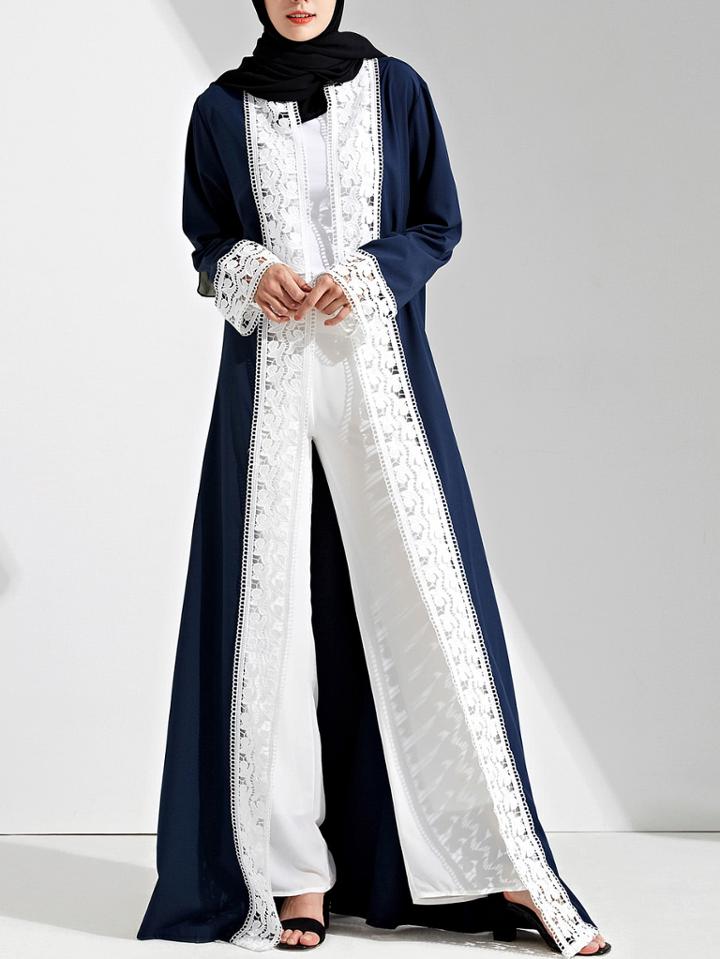 Shein Contrast Lace Crochet Cuff And Placket Tie Waist Abaya