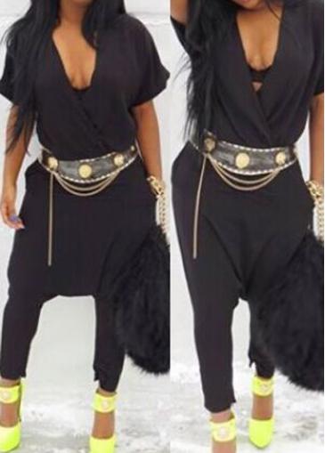 Rosewe Black Short Sleeve V Neck Harlan Jumpsuit