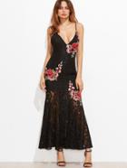 Shein Embroidered Rose Applique Lace Overlay Fishtail Cami Dress