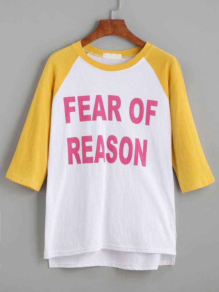 Shein Letter Print Contrast Raglan Sleeve Dip Hem T-shirt