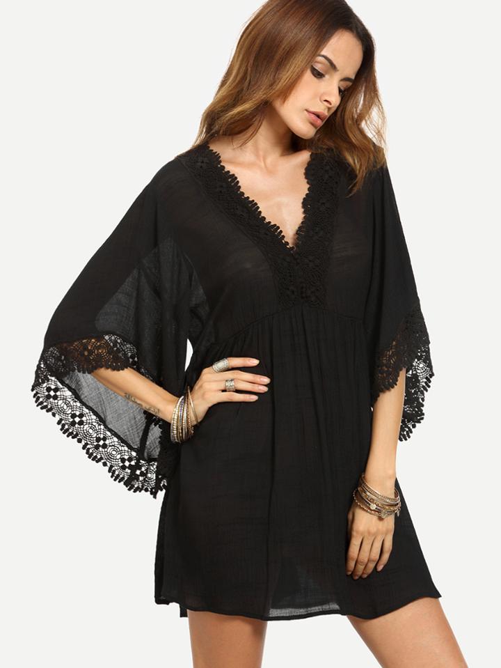 Shein Black V Neck Lace Cuff Cutout Dress