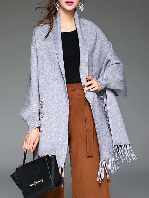Shein Grey Flowers Embroidered Tassel Shawl Coat