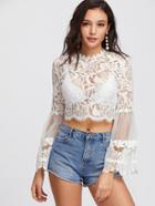 Shein Mesh Fluted Sleeve Scalloped Eyelash Lace Top