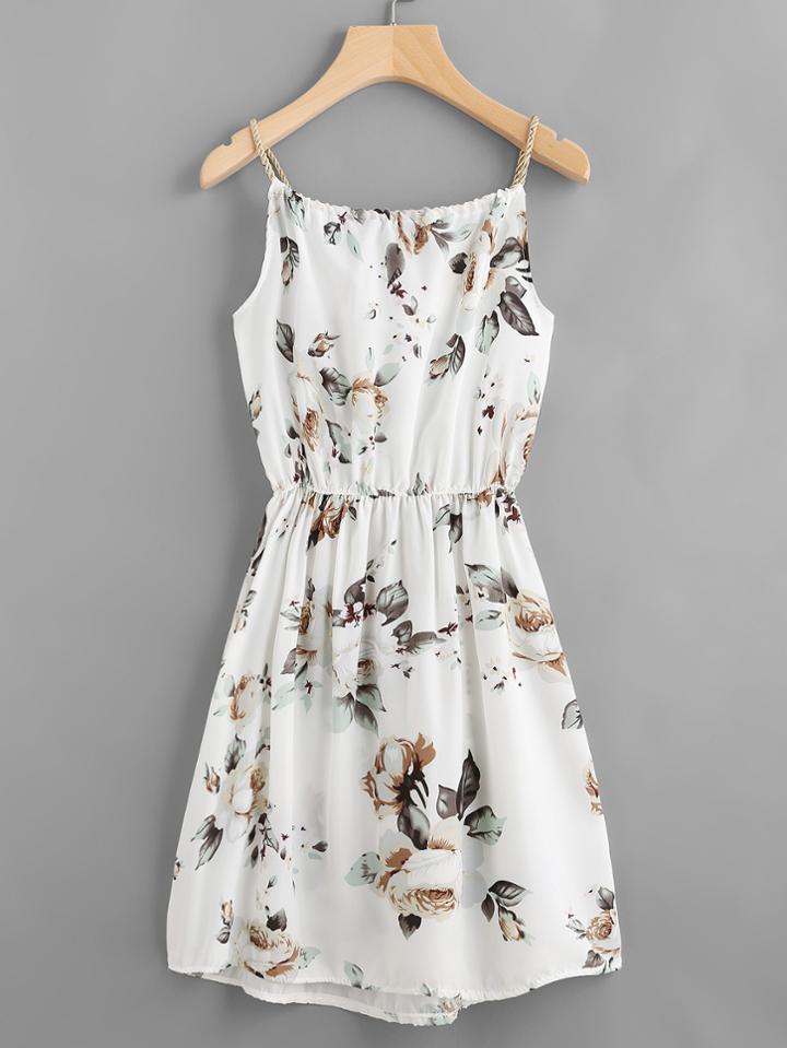 Shein Floral Print Random Drawstring Elastic Waist Cami Dress
