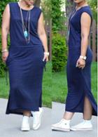 Rosewe Sleeveless Side Slit Navy Blue Maxi Dress