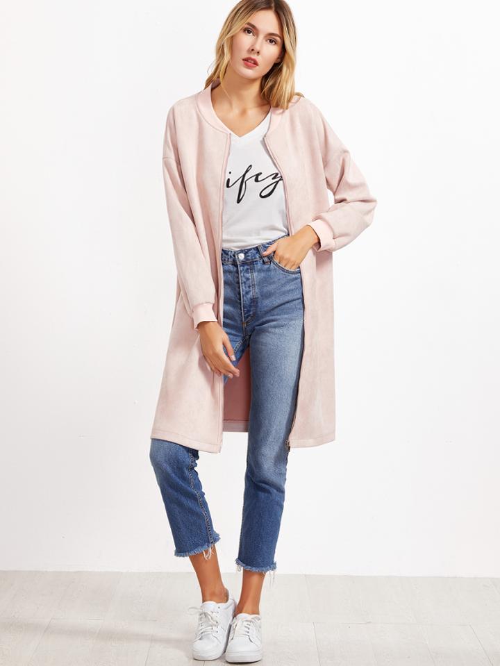 Shein Pink Suede Zip Up Side Slit Bomber Jacket