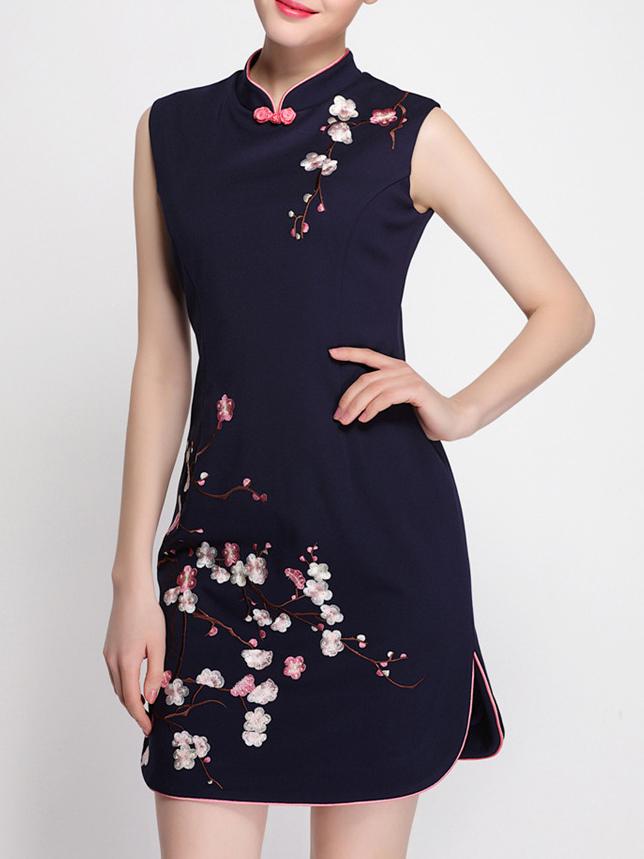 Shein Navy Collar Embroidered Shift Dress