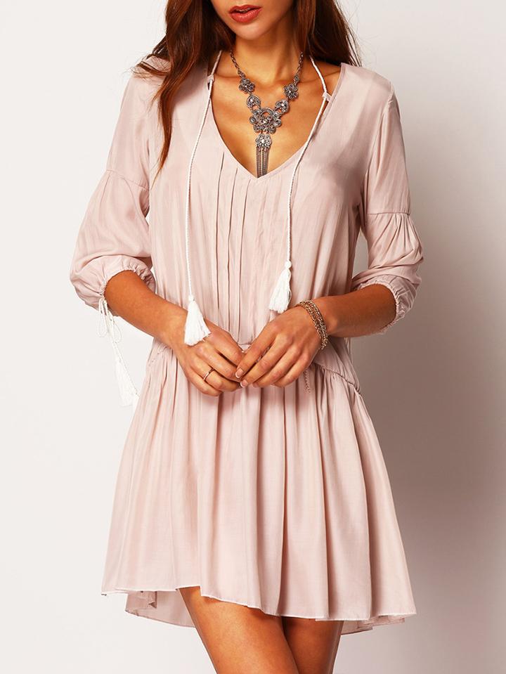 Shein Apricot V Neck Half Sleeve Loose Dress