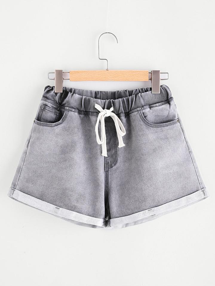 Shein Drawstring Waist Cuffed Bleach Wash Denim Shorts