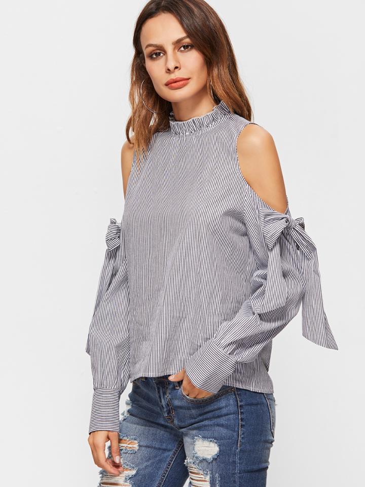 Shein Black Vertical Striped Ruffle Collar Cold Shoulder Blouse